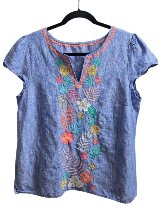 Talbots Tops - Talbots Embroidered Linen Blend Tropical Top Cap Sleeve Blue Floral Beachy Large